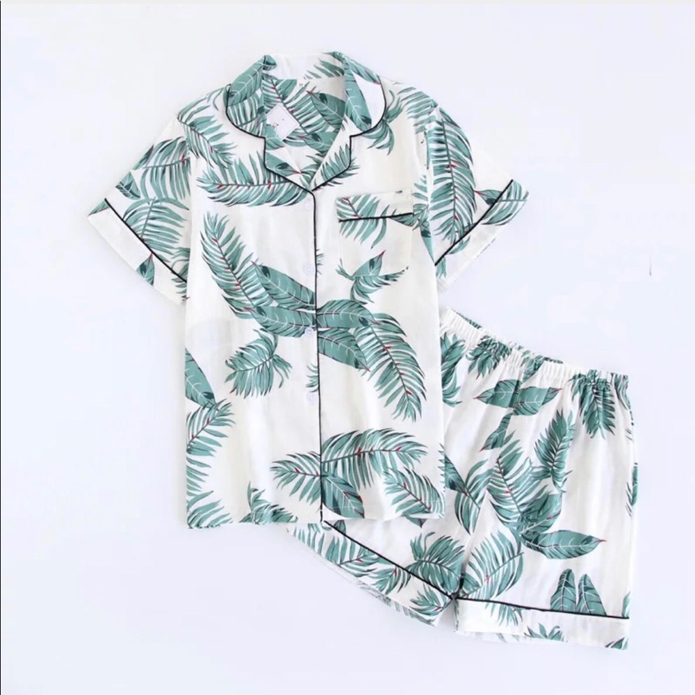 100% Cotton Green Bamboo Leaves Pajamas